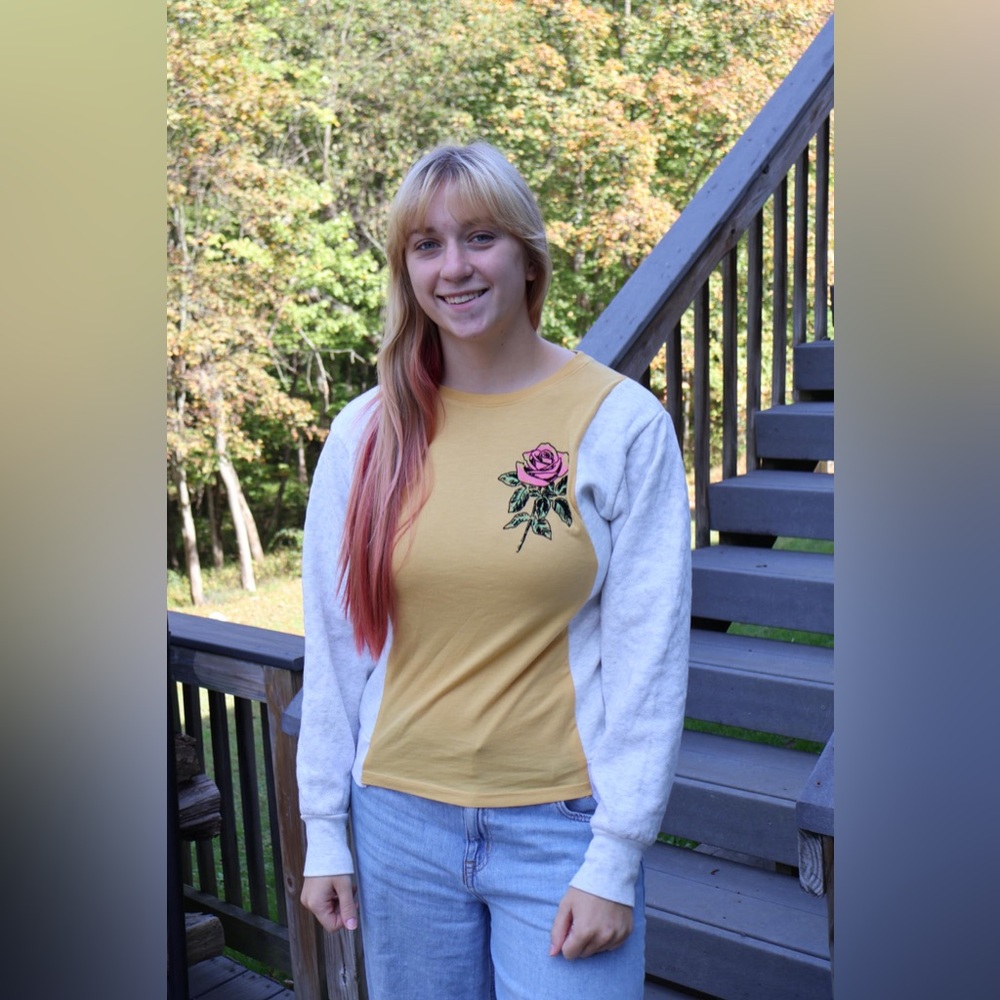 Yellow and Gray Women's Top with Rose Embroidery